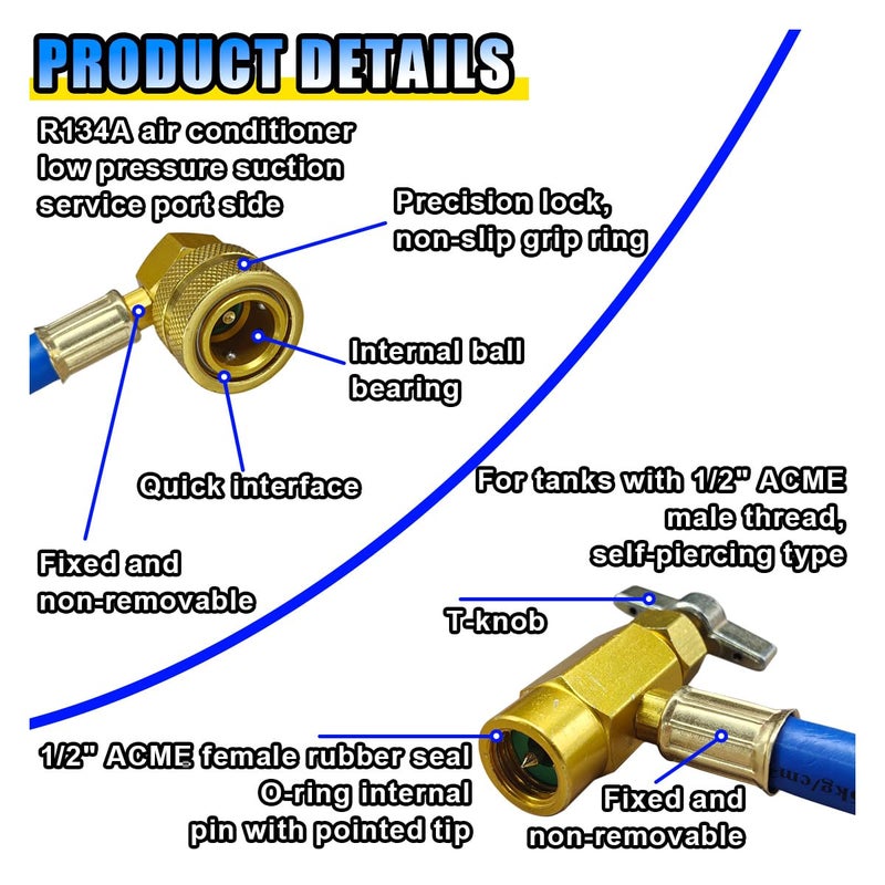 BDZMC R134A Car AC Refrigerant Charge Hose Kit  Car Air Conditioning Recharge Hose with Gauge for Measuring Low-Pressure  100PSI 1/2'' Can Tap & R134A Quick Coupler for Cars/Home AC Refrigerant - Image 5